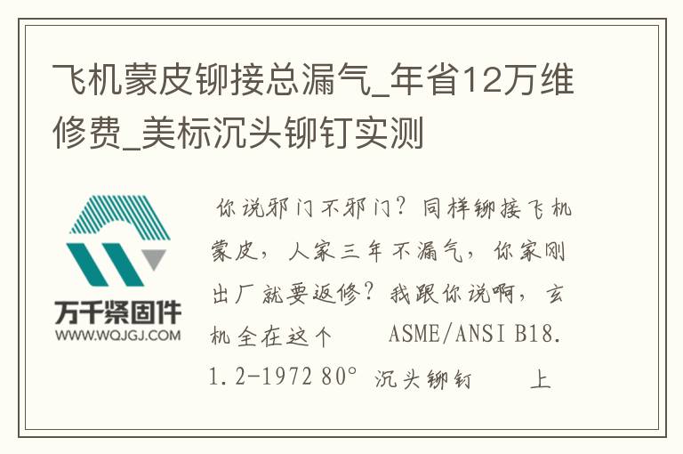 飛機蒙皮鉚接總漏氣_年省12萬維修費_美標沉頭鉚釘實測