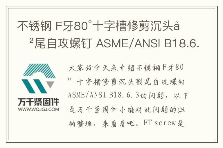 不銹鋼 F牙80°十字槽修剪沉頭割尾自攻螺釘 ASME/ANSI B18.6.3